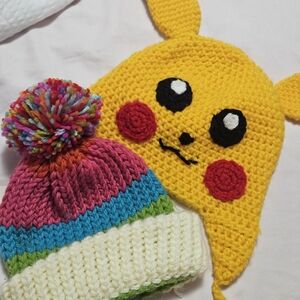 Yellow Pikachu Knit Hat and Colorful Pom-Pom Beanie